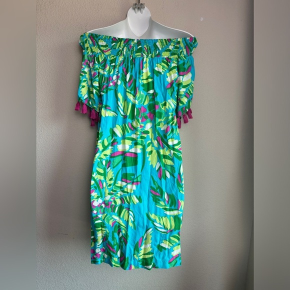 NWT Escapada Living Multi Tropical Tasseled Off The Shoulder Kaftan Dress XS - Picture 6 of 8